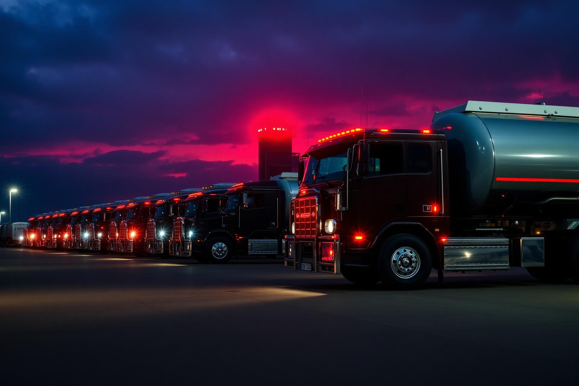 Fleet of Ryden Energy fuel tankers at dusk